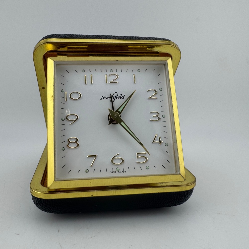 Vintage Northfield Black Travel Alarm Clock German Mechanical Wind Up Folding